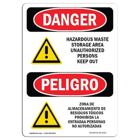 Signmission Safety Sign, OSHA Danger, 14" Height, Aluminum, Hazardous Waste Storage Area Spanish OS-DS-A-1014-VS-1321